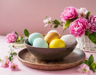 Colorful pastel Easter eggs with spring blossom flowers on soft background with space for banner for happy easter time
