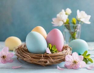 Colorful pastel Easter eggs with spring blossom flowers on soft background with space for banner for happy easter time