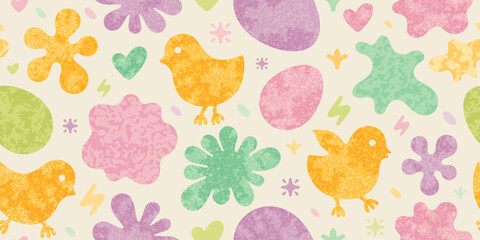 Easter seamless pattern with chickens, flowers and eggs in y2k style. Spring background in pastel colors with symbols of Easter. Abstract seamless pattern with cute chickens, vector illustration