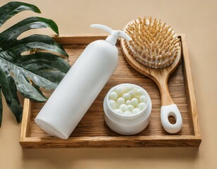 Wooden tray with hair scalp massager, cosmetic products and body brush, beauty skin care cosmetic concept