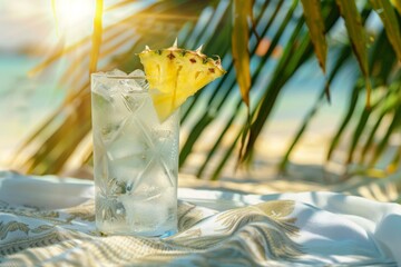 Tropical cocktail in a glass with ice and pineapple decoration on a sunny beach, evoking relaxation and summer vacations
