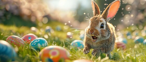 a bunny engaging in an egg-rolling competition. Easter egg hunt . - obrazy, fototapety, plakaty