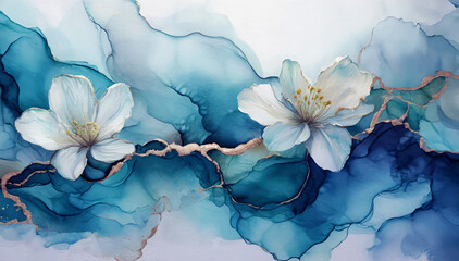 Niebieskie kwiaty, abstrakcyjne tło akwarela - obrazy, fototapety, plakaty