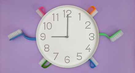 9 o'clock, morning. Banner. Cleaning time.  White wall clock on defocused background of kitchen...