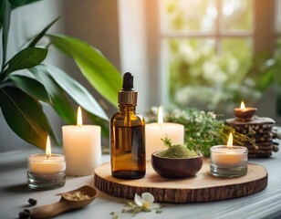Fototapeta na wymiar a composition of essential oil bottles and candles sets the mood. Relaxation and stress relief. beauty salon or online shop for beauty products