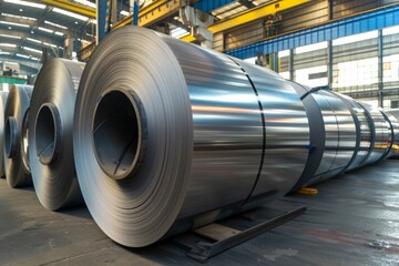 Industrial steel coils in a warehouse, highlighting the scale and machinery used in modern manufacturing processes

