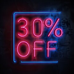 Lively neon light sign with a 30% OFF message on a textured wall, glowing red and blue in a dim ambiance