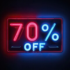 Modern suspended neon sign showcasing a 70% discount offer with stylish underglow