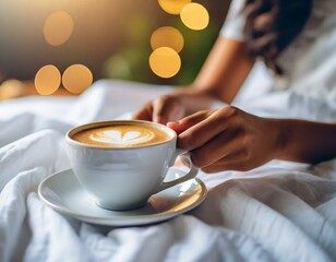 A closeup image of a black womans hand delicately holding a cup of freshly brewed morning coffee latte in bed