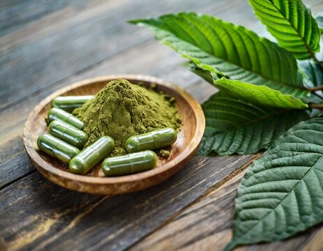 Matcha kratom powder, fresh green leaves, and capsules as an alternative medicine. concept for healthy lifestyle
