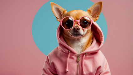 creative dog with sunglasses and hoodie