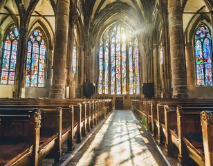 Beautiful vibrant stained church glass windows. Catholic or Lutheran cathedral. religion as main belief for humanity. - obrazy, fototapety, plakaty