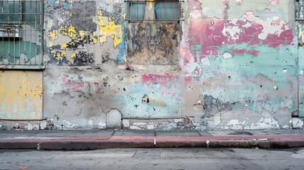 On the street, a grungy building's shabby wall displays colorful stains peeking from beneath crumbling gray paint