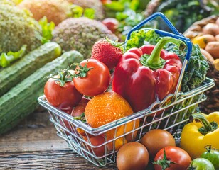 cart basket full of fruits and vegetables, healthy food concept, shopping cart with healthy food