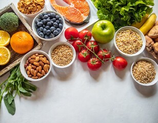 Balanced meals artfully arranged on a white background, featuring colorful fruits, vegetables, healthy lifestyle concept