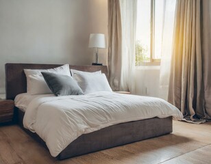 Concept of sleep hygiene, cosy bed with soft pillows and comfortable sheets, set in a peace, idea for bedroom and hotel room interior design in scandinavian style