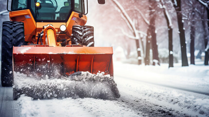yellow snowplow, tractor, bulldozer, winter, road, snow, work transport, cleaning, city, snowdrifts, blizzard, cold, bucket, wheels, sweep, rake, machinery, trees, equipment - obrazy, fototapety, plakaty