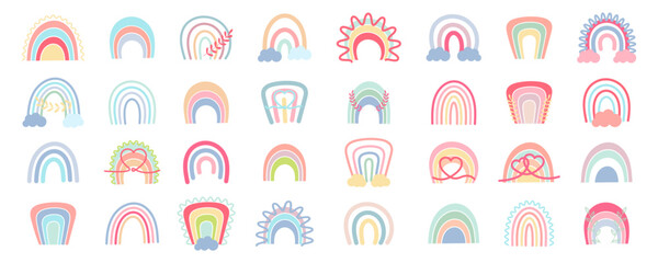 Boho rainbows set. Collection of hand drawn boho rainbows. Doodle rainbow collection. Cartoon rainbows