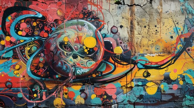 Stunning street art features abstract, creatively drawn images in fashionable colors adorning city walls, reflecting urban contemporary culture