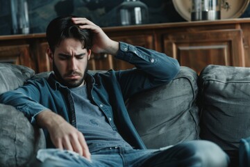 Young man sitting on a couch at home, looking stressed and worried, depicting the theme of personal struggles or mental health issues
