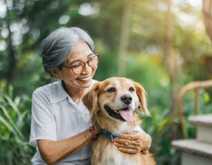 Elderly woman joyful moment with her pet dog. Bond with lifelong companionship, loyalty, and friendship between a human and a dog.