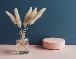 Dried bunny tail grass on pink background. Blush pink and neutral color as aesthetic and minimalistic design for beauty or mindfulness concept