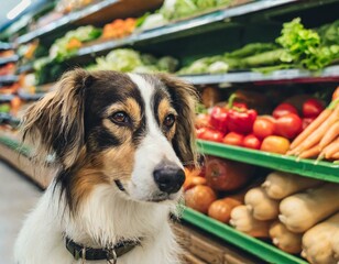 Dog in grocery store near colorful vegetables and other nutritious food. Pets shopping for healthy food in supermarket