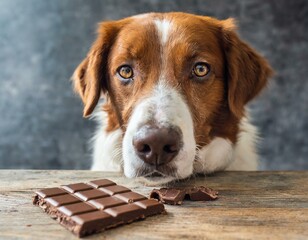sad dog sitting near a partially eaten chocolate, healthy nutrition for dogs concept