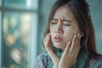 Closeup of miserable young lady holding hand on neck, suffering from strep throat or wisdom tooth pain. Stressed girl having health problems, visiting doctor. Chronic tonsillitis and dental care