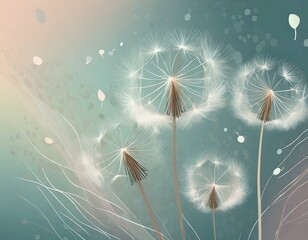 Fluffy dandelions in the wind illustration in gray beige pastel colors