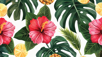 Hibiscus pineapple and tropical leaf seamless patter