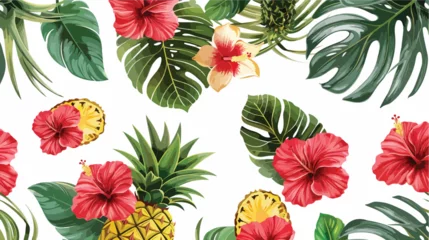 Zelfklevend Fotobehang Hibiscus pineapple and tropical leaf seamless patter © Hyper