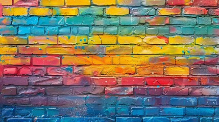 The background texture features a colorful brick wall