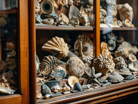 Natural History: Diverse Collection of Seashells Displayed in Cabinet