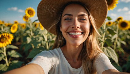 Happy 25 year old girl smiling and taking a selfie in a sunflower field, enjoying a sunny summer day outdoors - Wellbeing concept of a girl who is confident and aware of her youth.