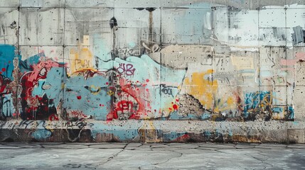The concrete wall showcases abstract graffiti artwork. It serves as a background texture