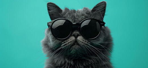 Cool Persian Cat with Sunglasses on Turquoise Background