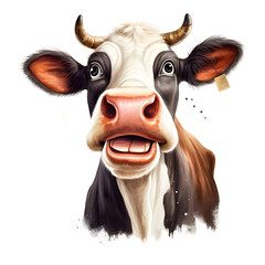 illustrated cow head with white background, portrait of a illustrated cow, funny cow