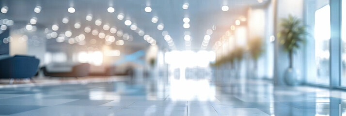 Abstract Blurry Interior of a Modern Building: Illuminated Corridor with a Bokeh Effect, Symbolizing Fast-Paced Urban Life