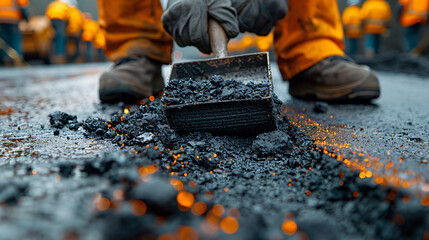 Road workers' teamwork, laying works at a road construction site, hot asphalt gravel leveled by workers, and road repair.. - obrazy, fototapety, plakaty