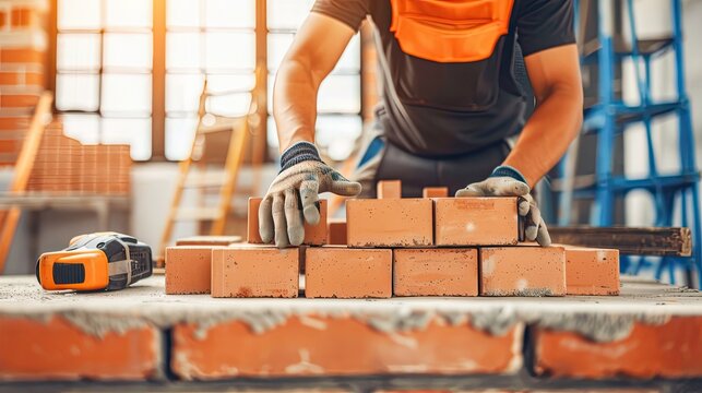 Bricklayer laying bricks for construction
