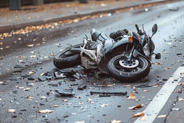 Motorcycle crash accident on urban street, broken bike after collision. Traffic safety hazard, damaged motorbike on asphalt road. Injury insurance claim, vehicle repair service concept for blog post