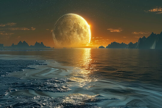 Picture of an outer planet as seen from the surface of an ocean 