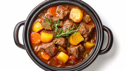 Beef stew with vegetables and herbs in a black pot. Top view studio food photography isolated on white background. Comfort food and homestyle cooking concept. Design for cookbook, menu, culinary blog