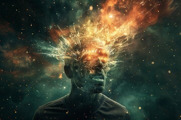 exploding human head, imagination and creative mind, annual collective mind concept art - obrazy, fototapety, plakaty