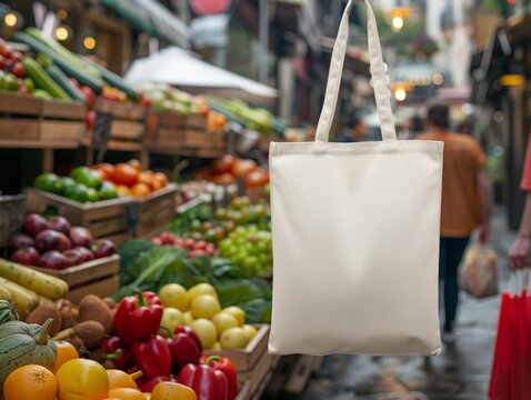 Mockup of a cream-colored Blank Tote bag hanging in front of a fresh vegetable shop. Use a Tote bag to protect the environment. Created with Generative AI.