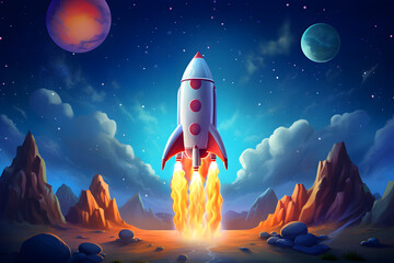 Start of a Rocketship, space exploration, illustrated cartoon rocketship