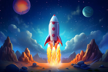 Obraz premium Start of a Rocketship, space exploration, illustrated cartoon rocketship