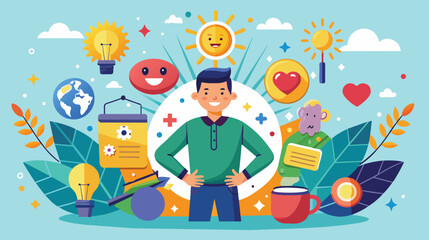 Cheerful Man Surrounded by Symbols of Creativity and Productivity