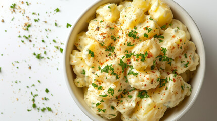 Classic creamy potato salad in a bowl, top-down view with copy space isolated on white background. A staple at any outdoor gathering concept for design and print